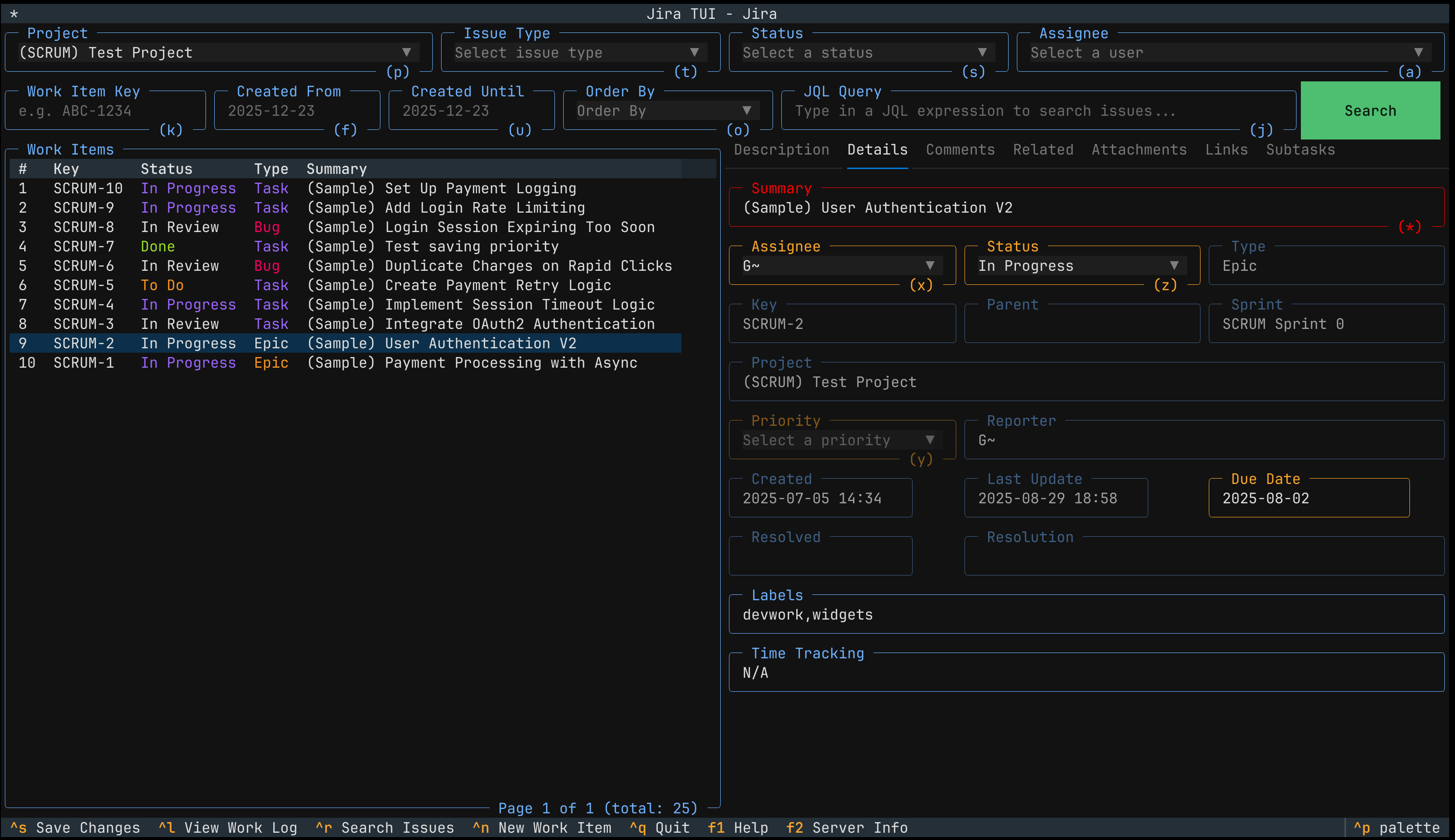 The initial screen of the JiraTUI application