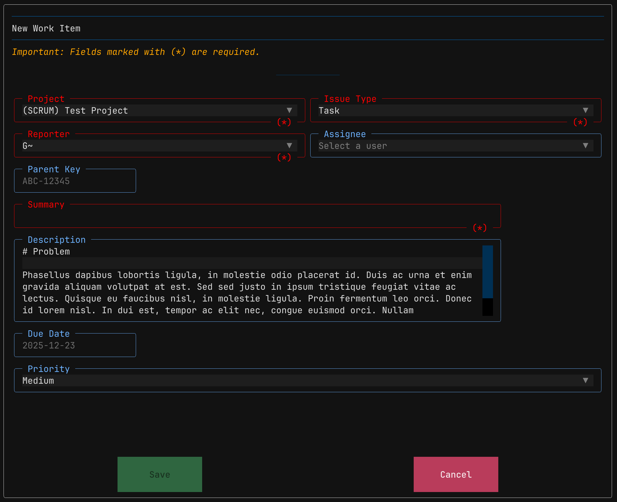 The screen of the JiraTUI that allow users to create work items