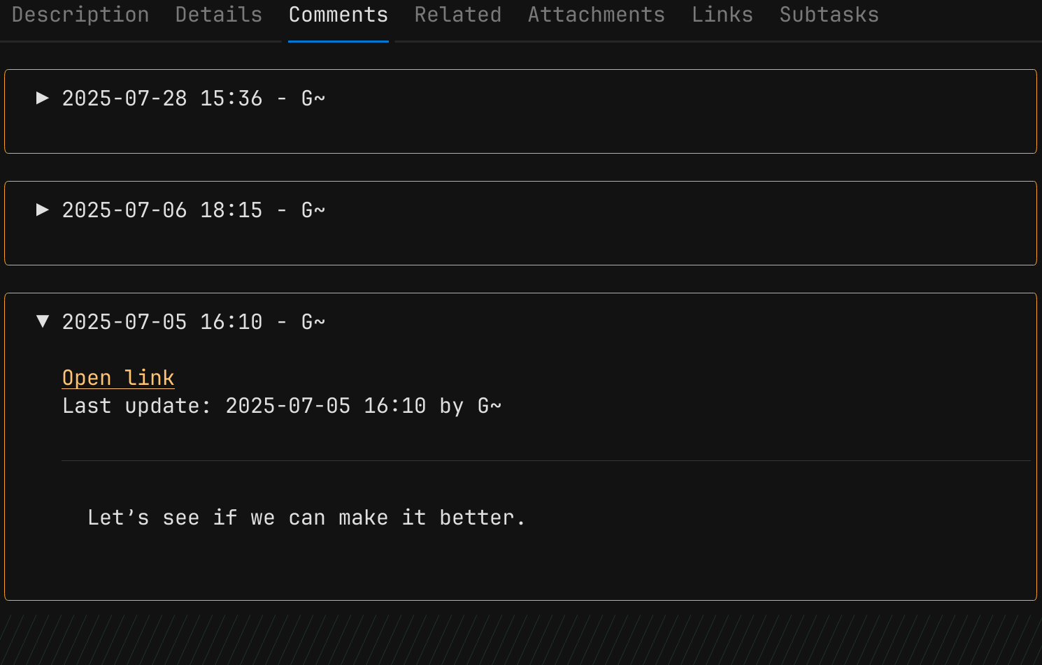 The screen of the JiraTUI that shows the comments of a work item