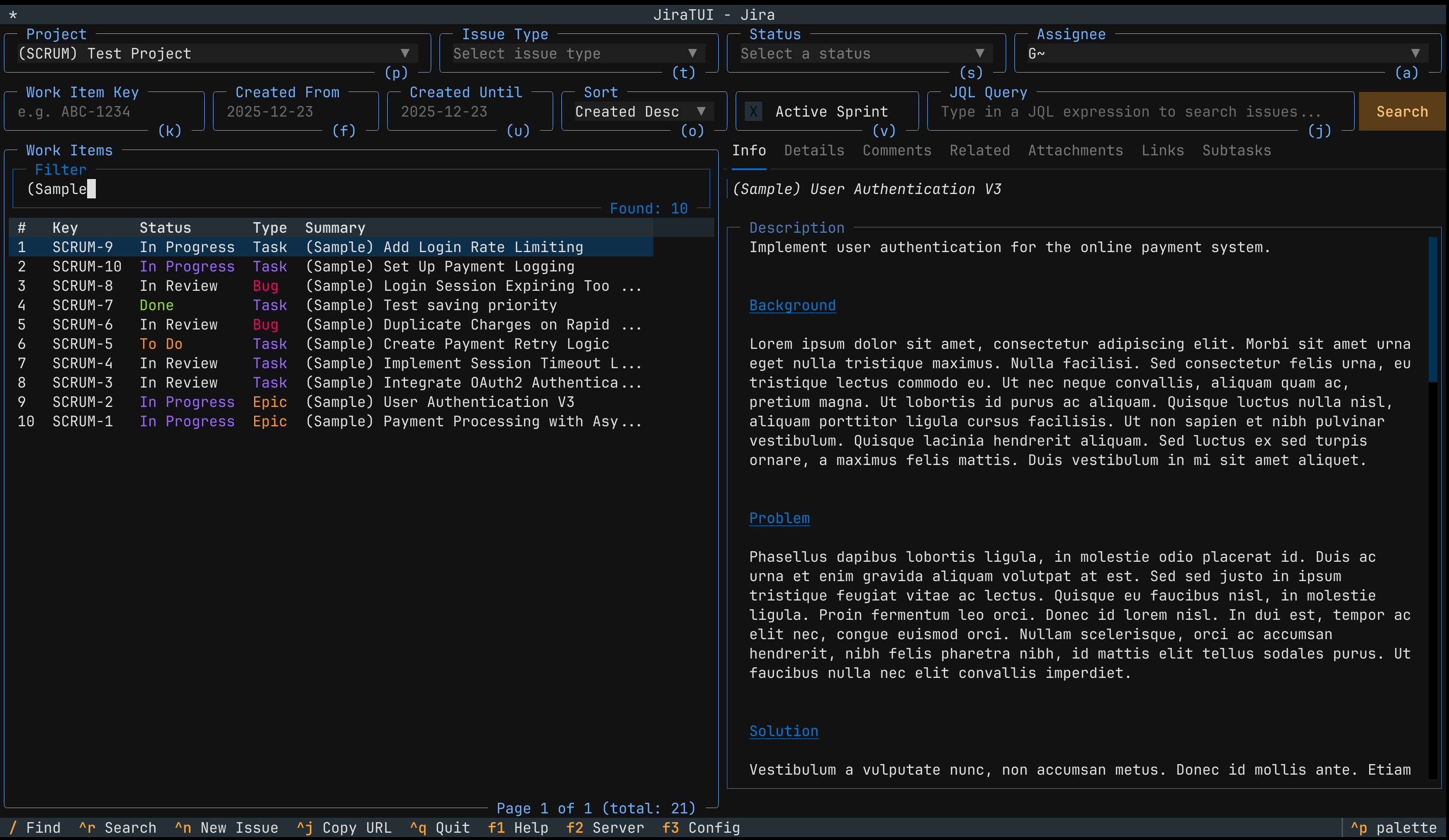 JiraTUI allows users to filter search results.