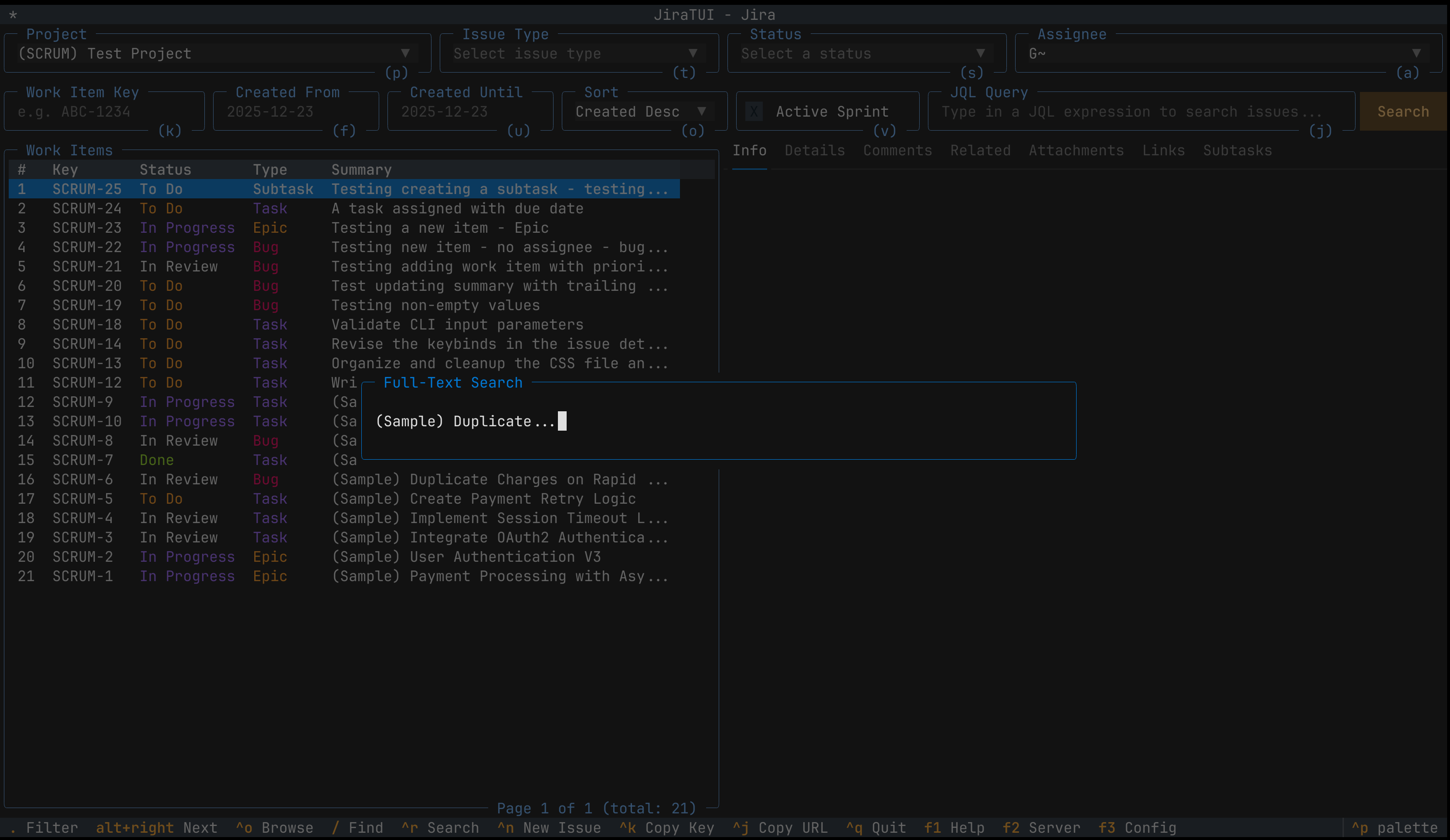 The screen in JiraTUI that allows users to perform full-text search on work items.