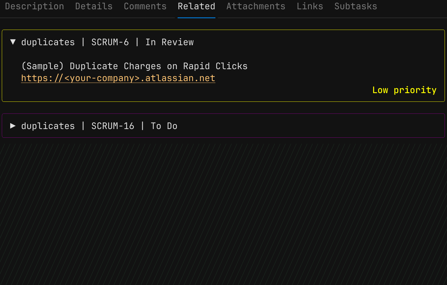 The screen of the JiraTUI that shows the related tasks of a work item