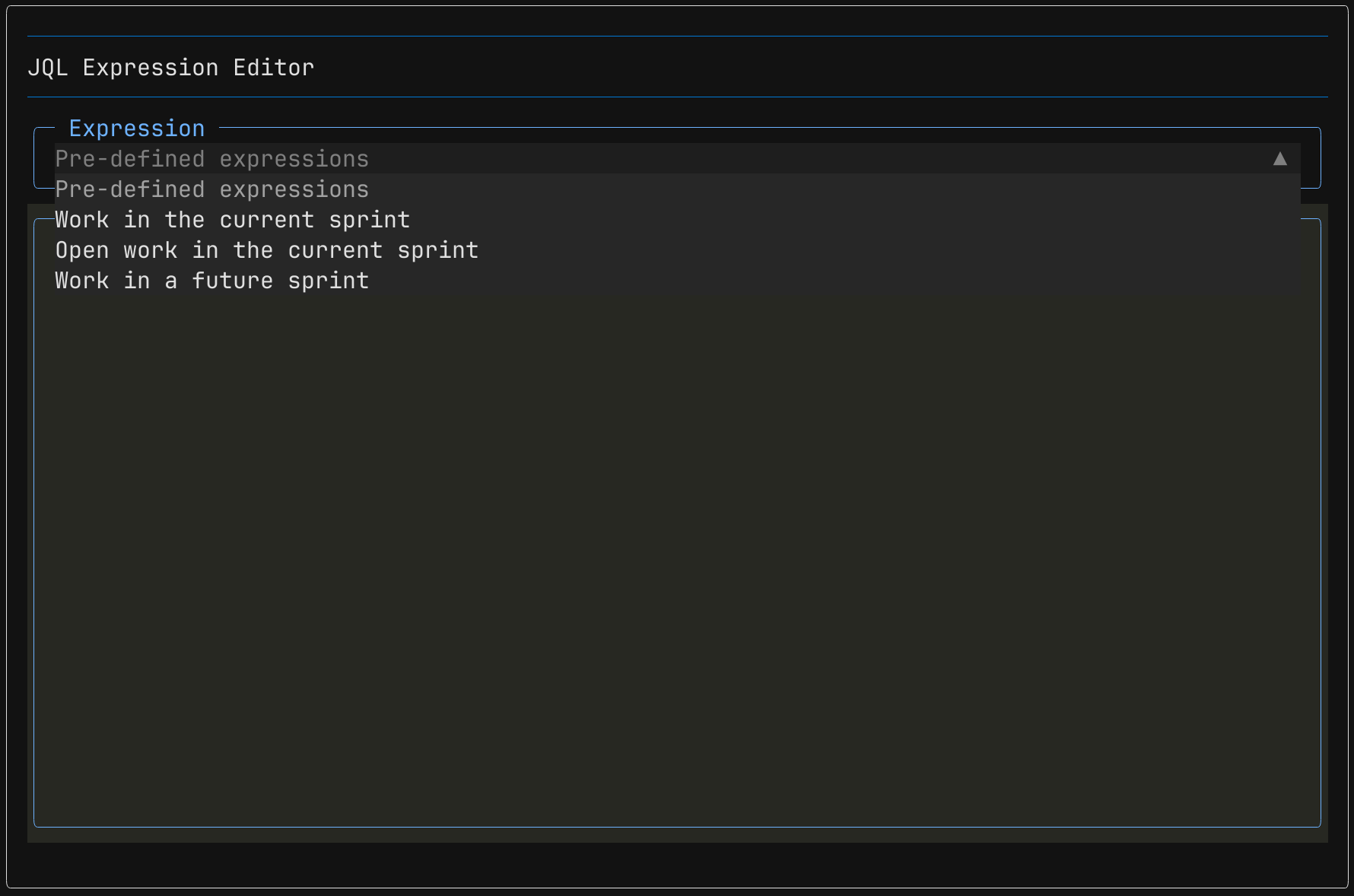 The screen of the JiraTUI that shows the JQL expression editor