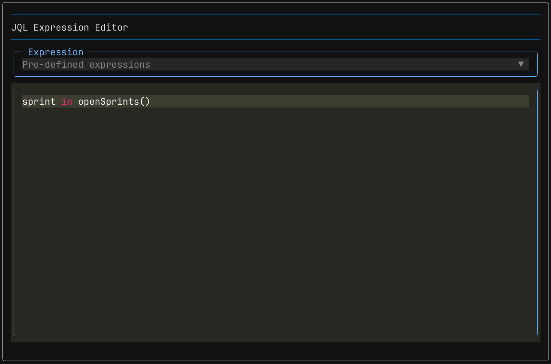 The screen of the JiraTUI that shows a screen to edit JQL expressions for searching work item