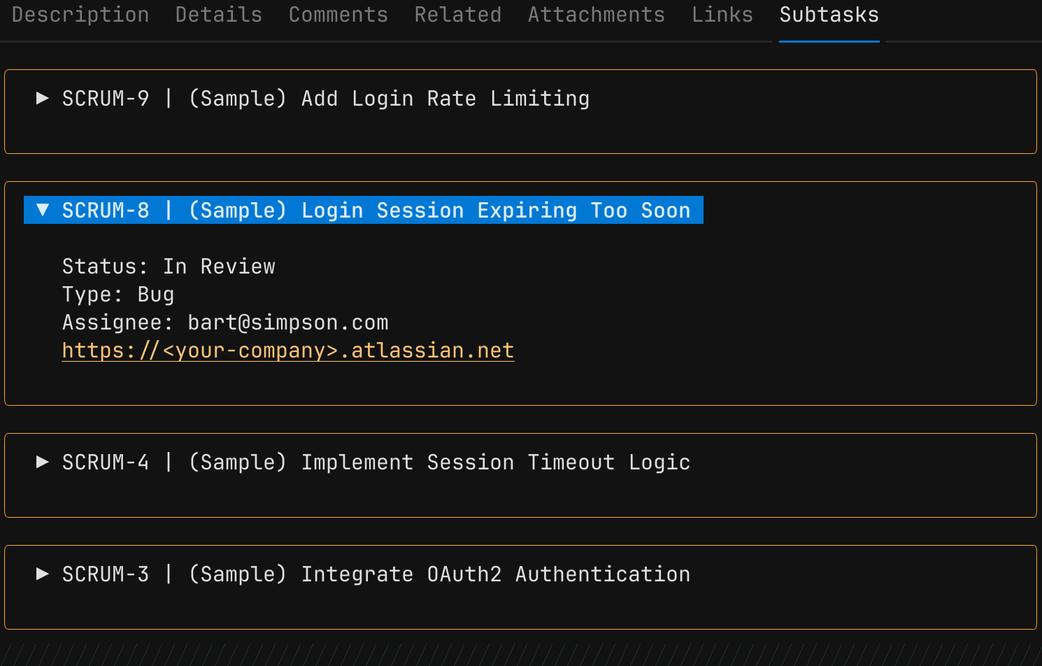 The screen of the JiraTUI that shows the related subtasks of a work item