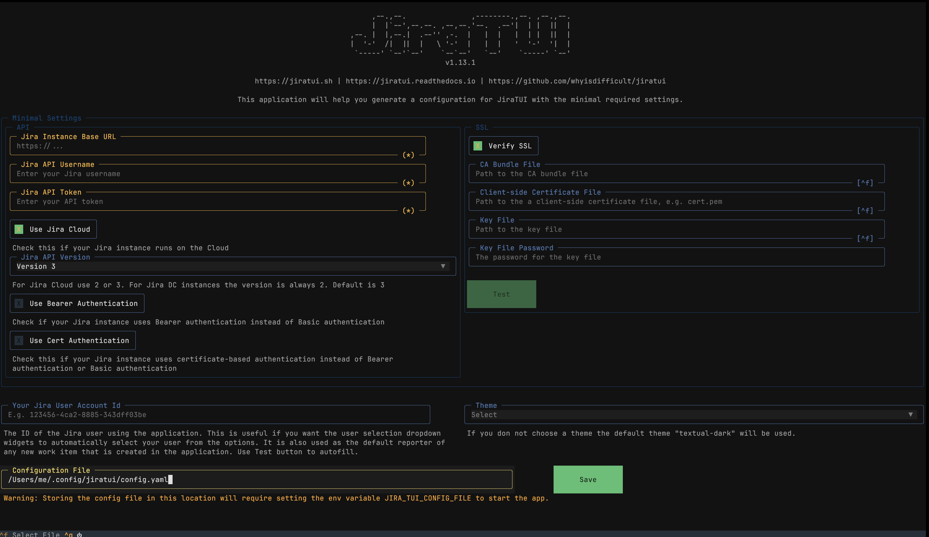 The screen that allows users to create the initial configuration file before launching the application