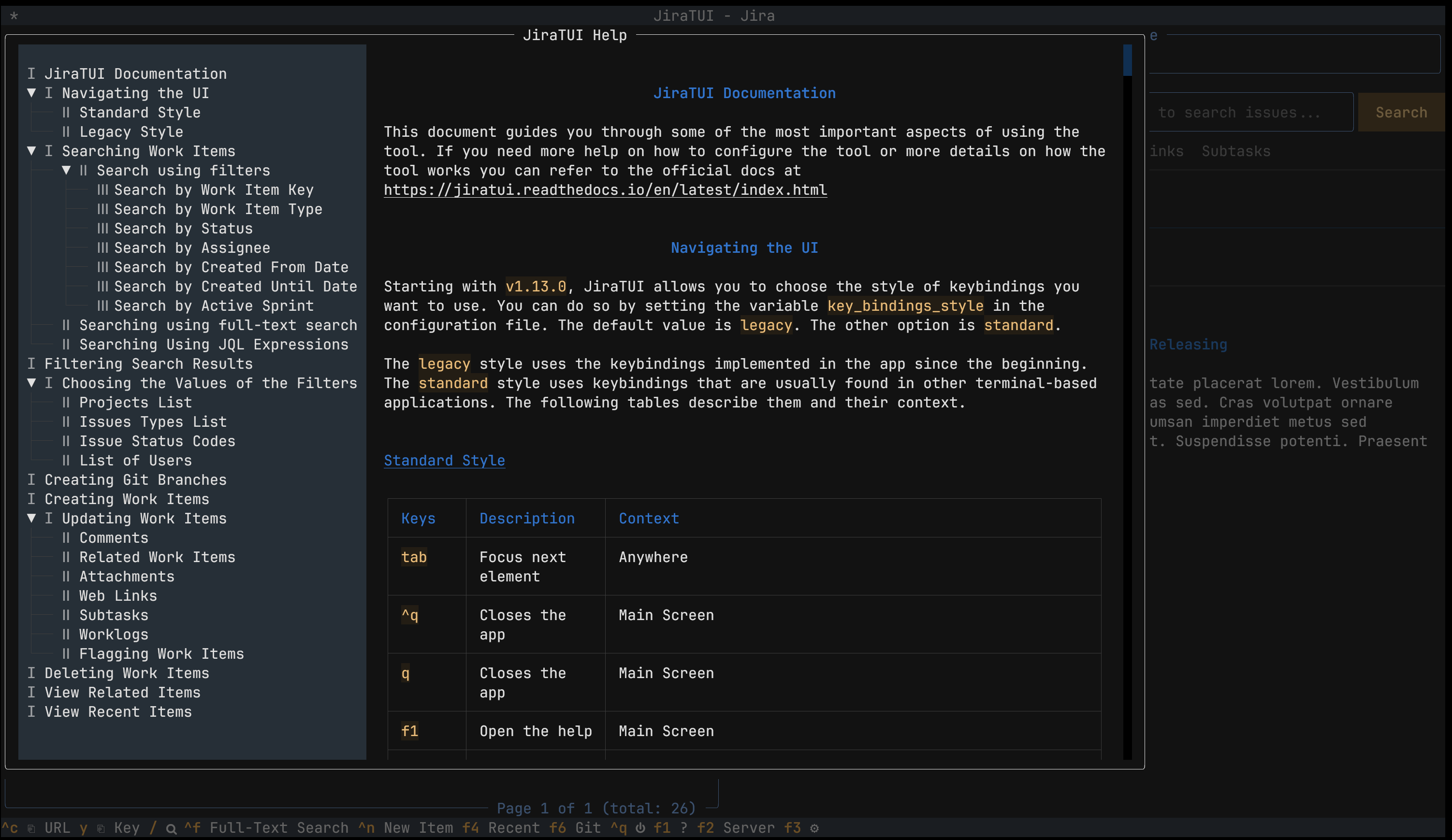 The built-in help screen of JiraTUI