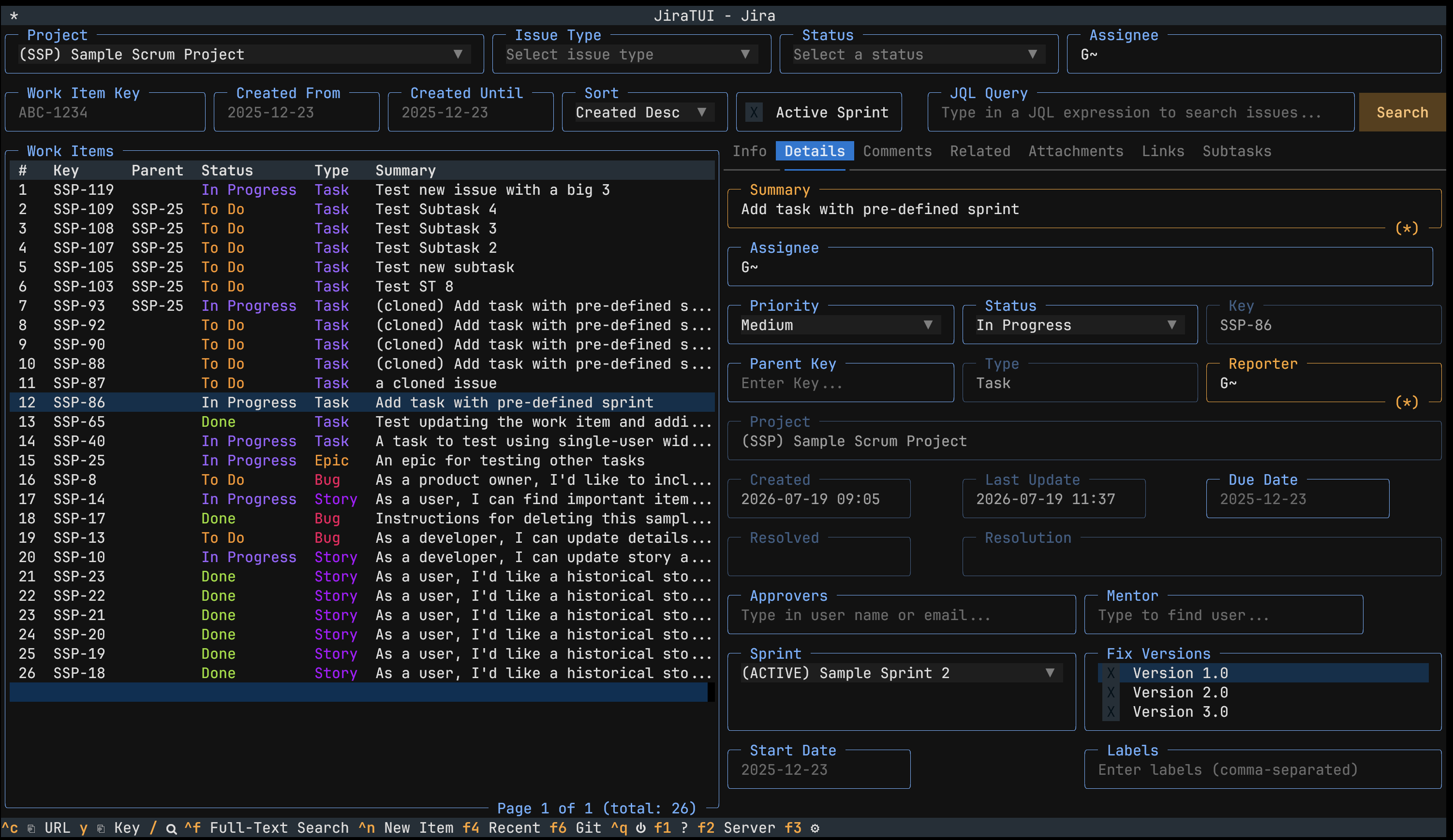 The initial screen after launching JiraTUI. It displays search filters, search results and the details of a selected work item.