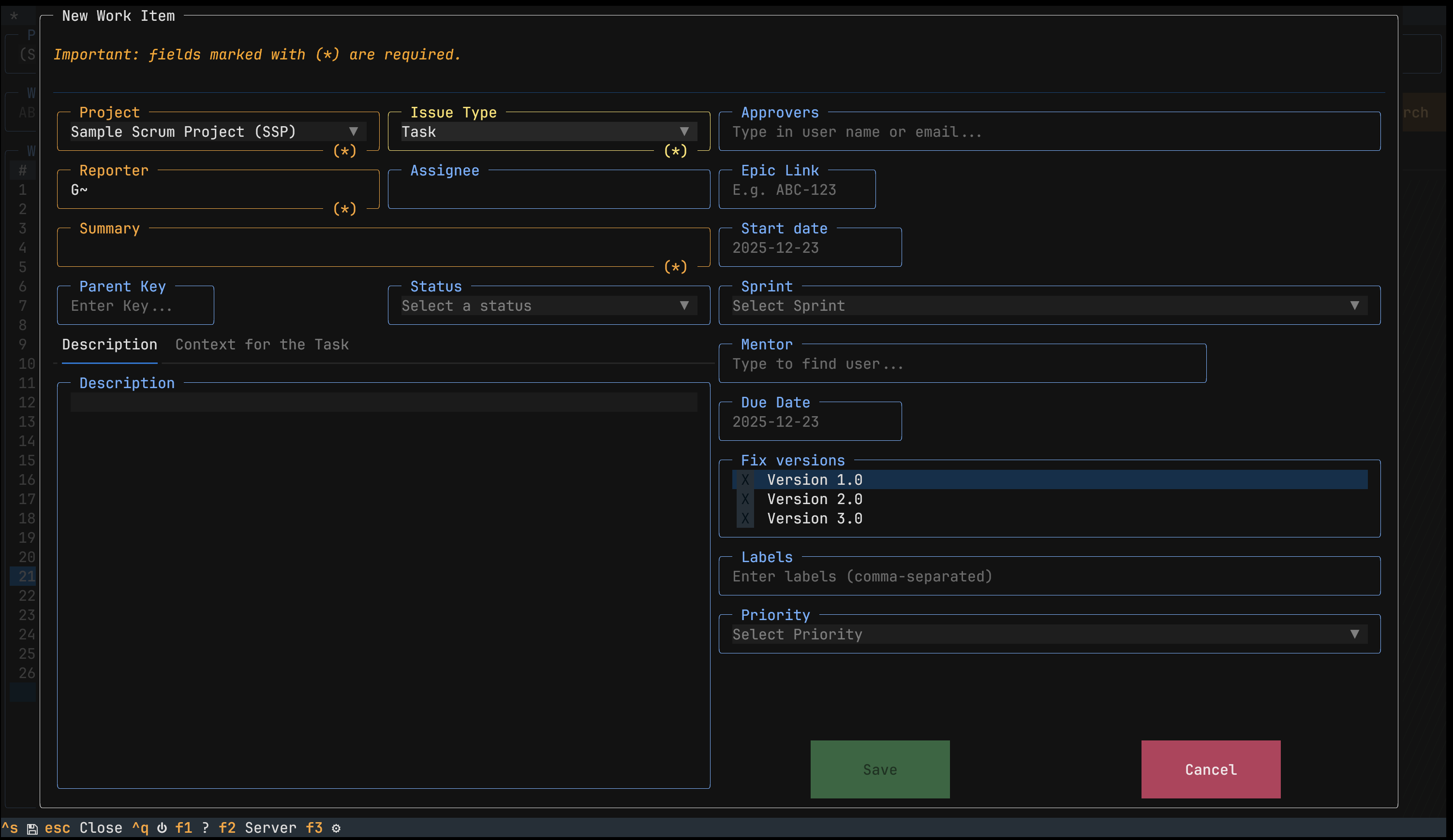 The screen that allows users to create new work items in JiraTUI