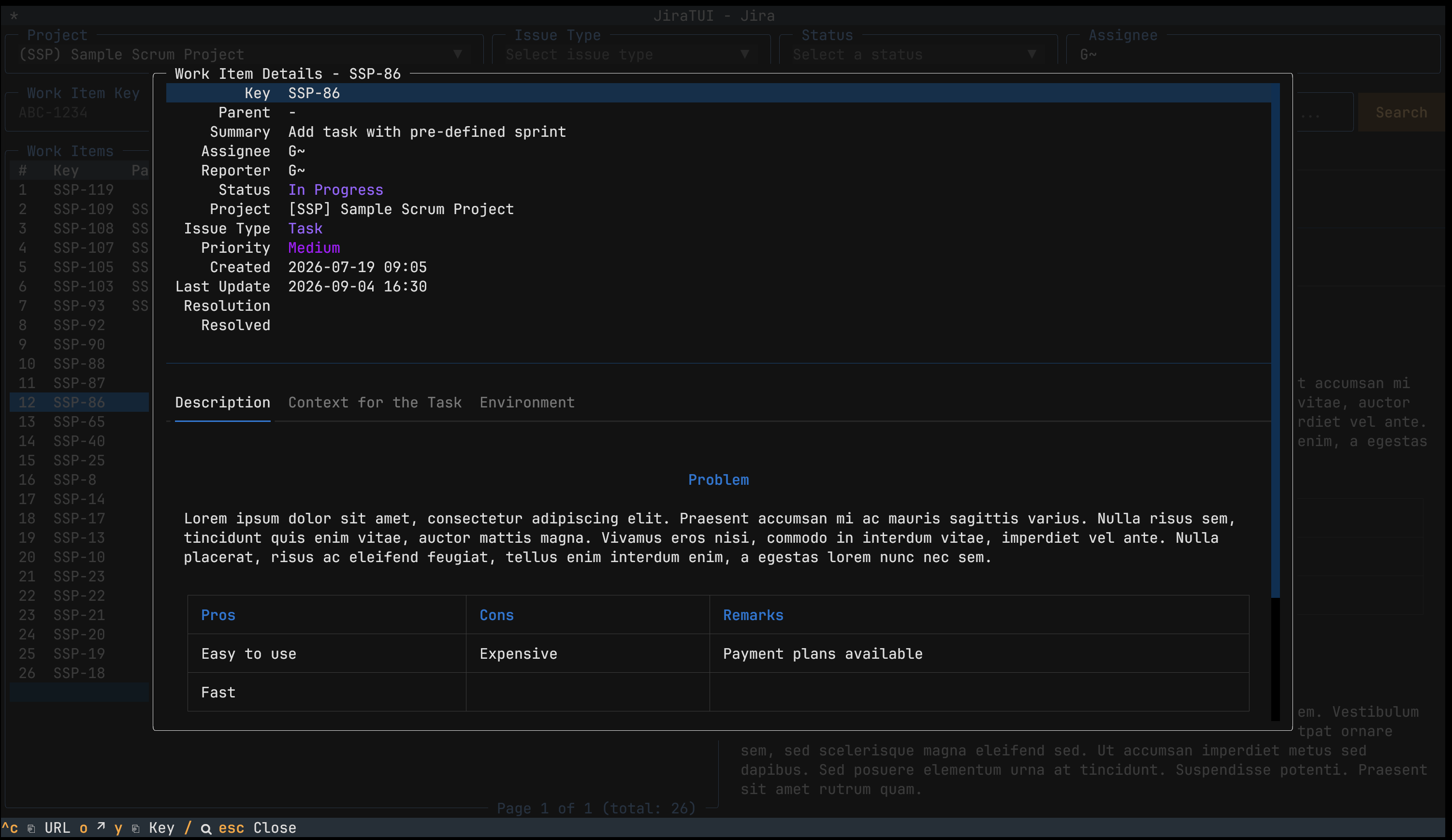 A screen that shows a quick view of a selected item in JiraTUI